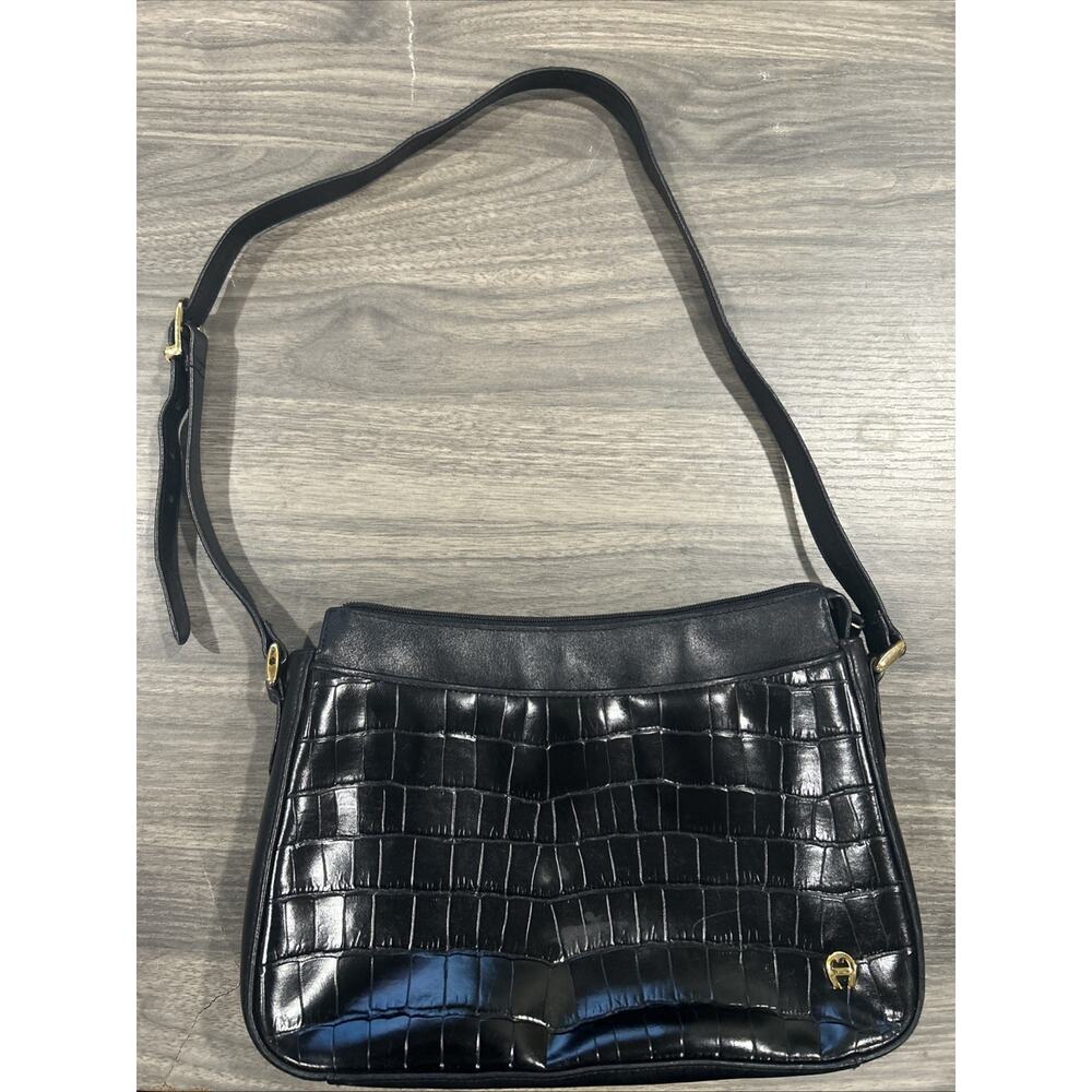 Etienne Aigner Genuine Leather Black Croc Style Shoulder Bag, Button & Zipper